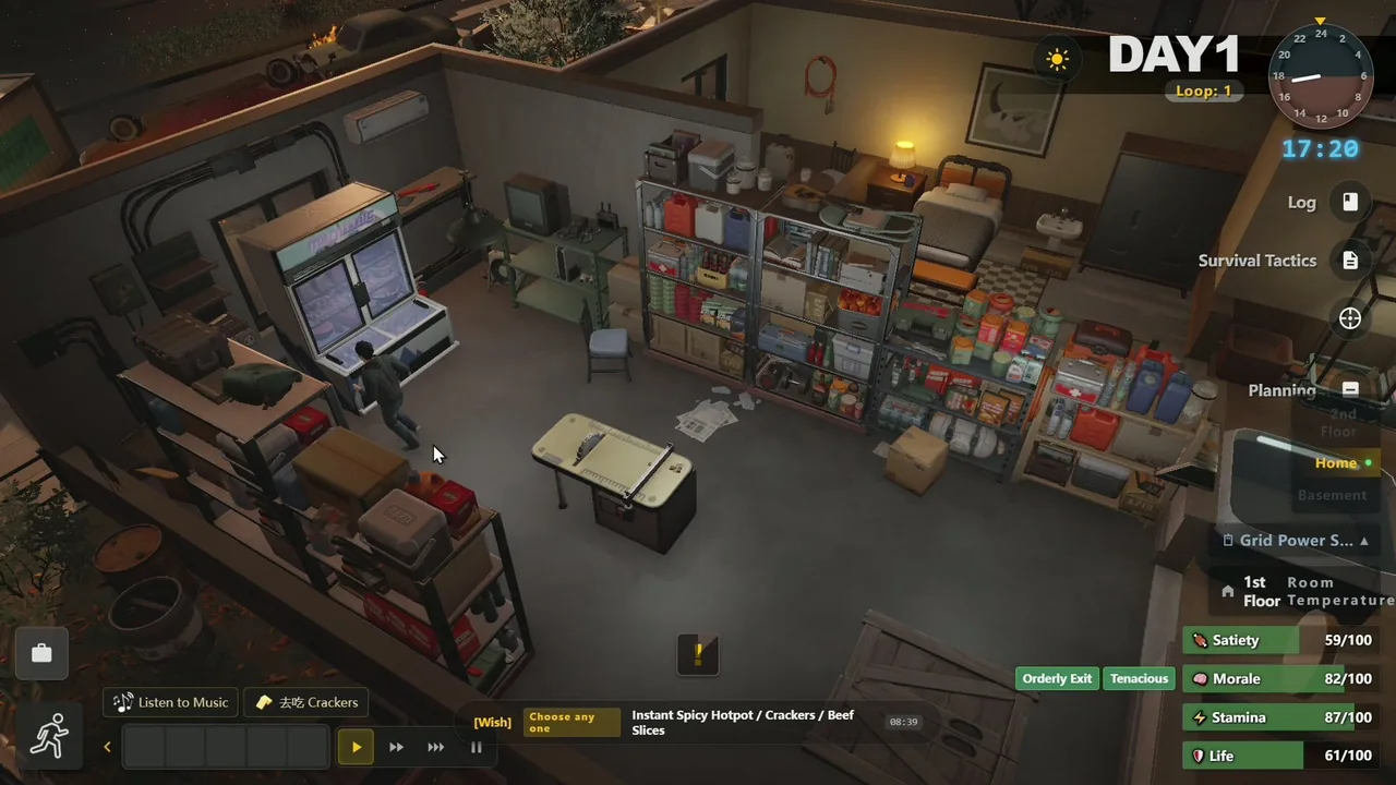 Day 1 in Survival Log: shelves stocked with food, fuel cans and medical supplies from the prep phase