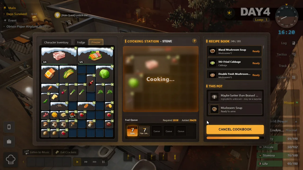 Survival Log cooking station with a recipe book showing 249 of 393 recipes unlocked, a fuel queue and freezer storage
