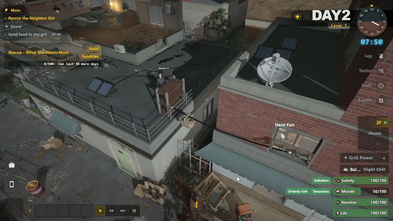 Survival Log Day 2 with the Rescue the Neighbor Girl objective, a supply requirement and active character buffs on the HUD