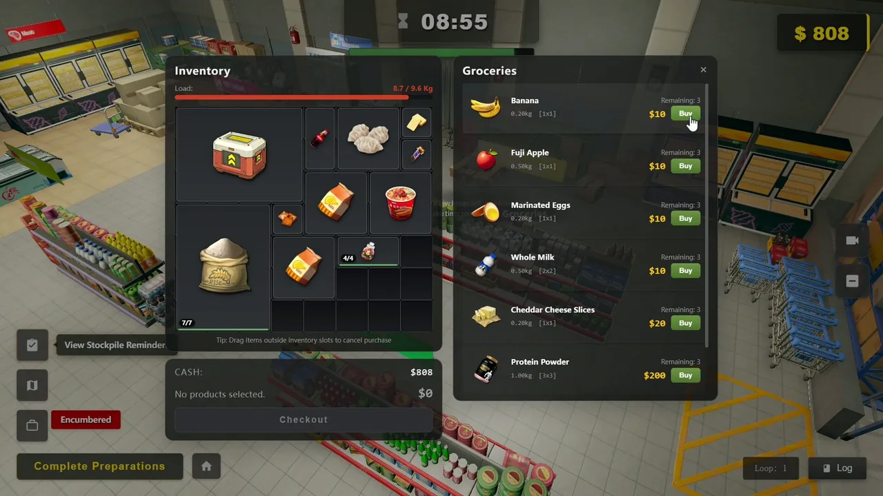 Survival Log supermarket interior during the prep phase with shelves, shopping trolleys and the purchase interface open