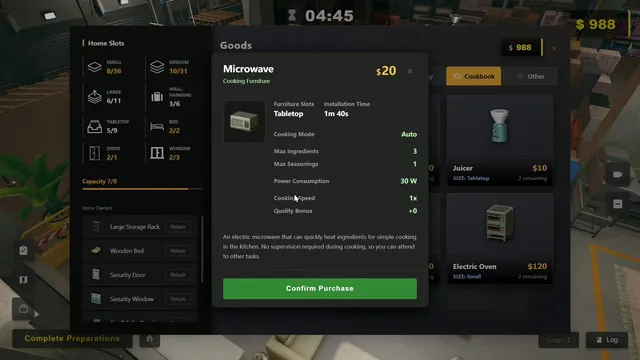 Survival Log shop screen showing Home Slots capacity counters and a Microwave item card with power consumption and cooking stats