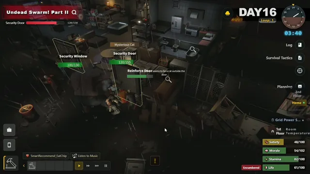 Survival Log Day 16 zombie siege with a Security Door at 120 of 155 durability and a Security Window at 100 of 130