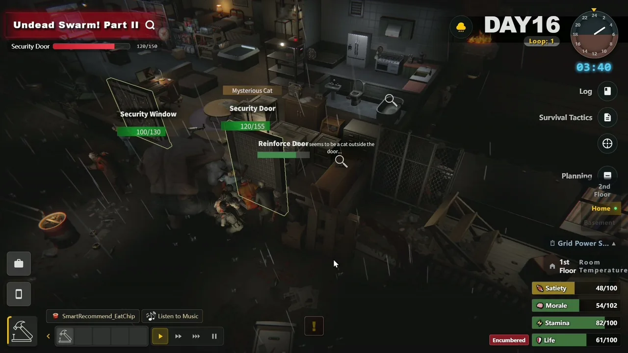 Survival Log siege in progress during rain, with door and window durability bars under pressure