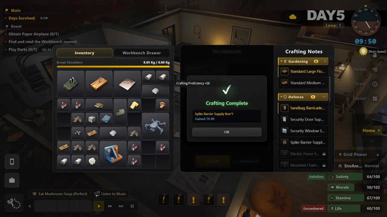 Survival Log workbench Crafting Notes with Defense category entries including Sandbag Barricade, Spike Barrier and locked Electric Fence